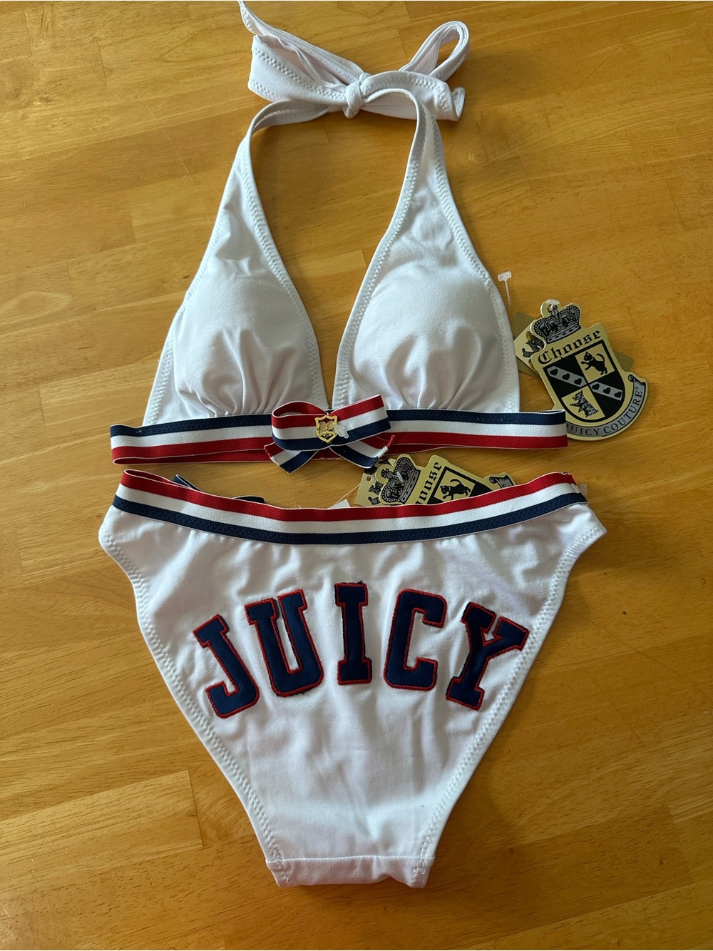 Vintage Juicy Couture White Bikini Set with Red & Navy Trim. Size M. NWT